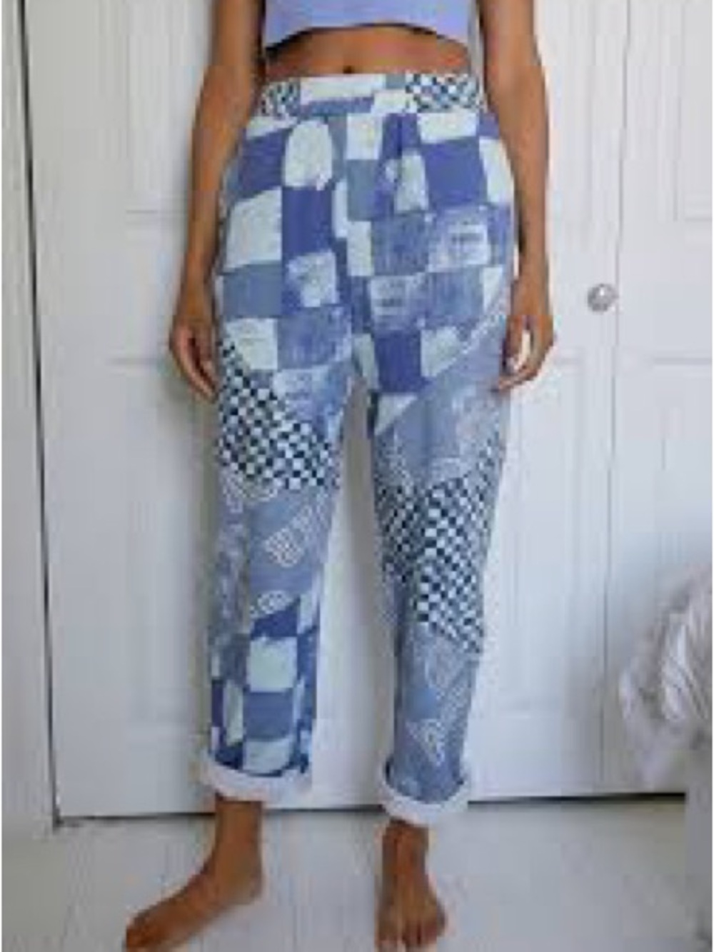 Urban Outfitters Blue Patchwork High-Waist Cropped Pants